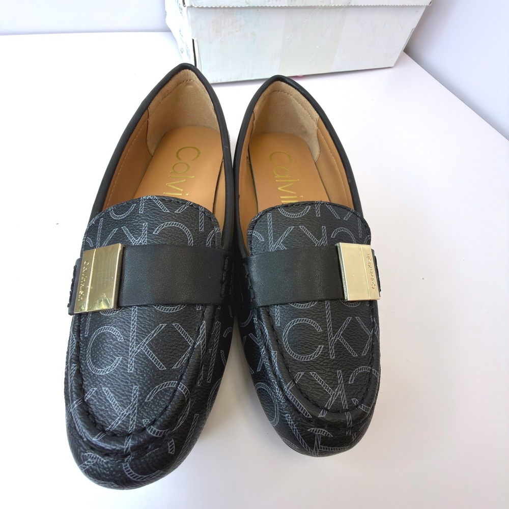 Calvin Klein Womens Black Monogram Logo Driver Loafers Gold Hardware 5M